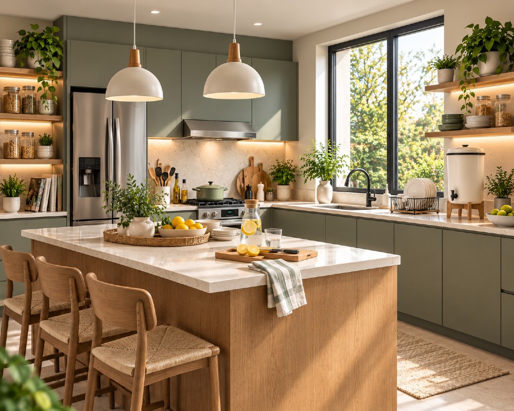 Cocina moderna con electrodomésticos y muebles grises