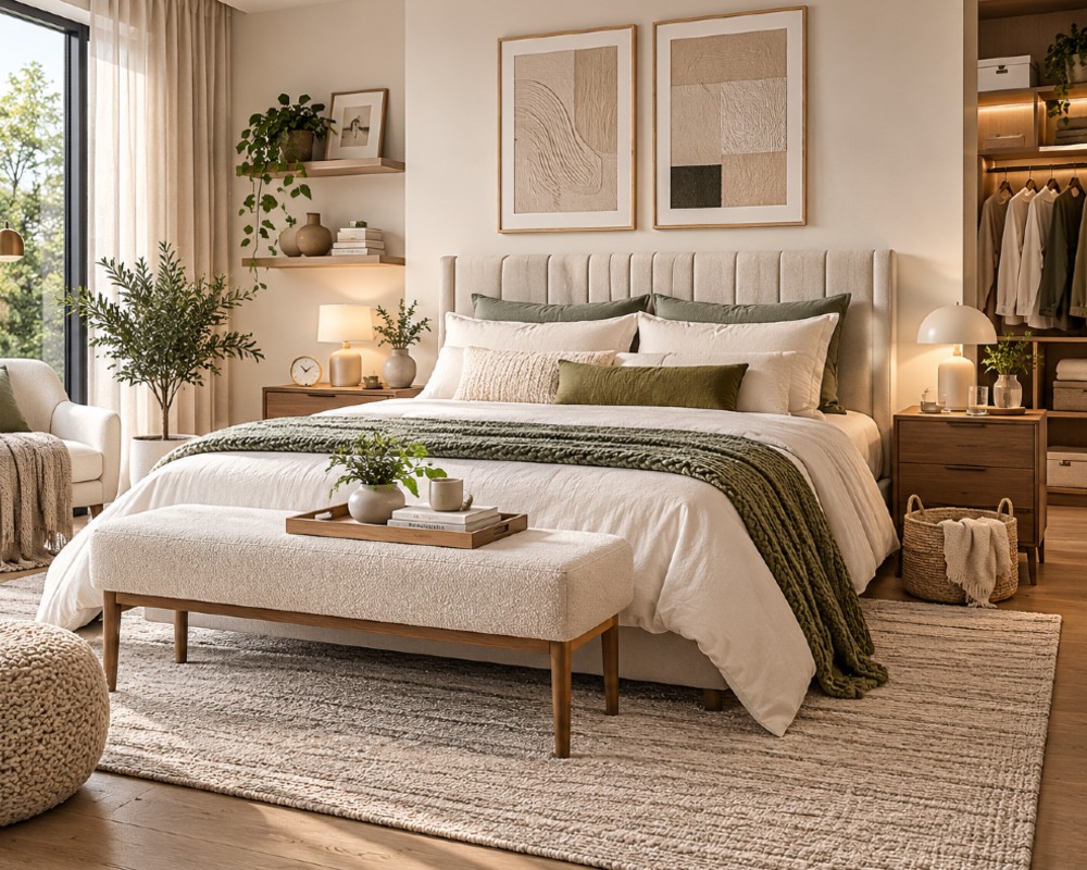 Recámara con cama, almohadas, ropa de cama y muebles de madera